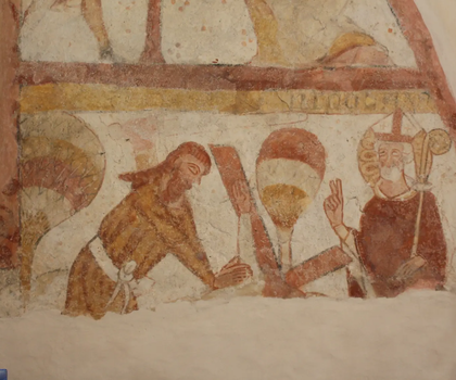 Strýčice, kostel sv. Petra a Pavla, detail nástěnn malby z 1. pol. 14. stol., stav po restaurování