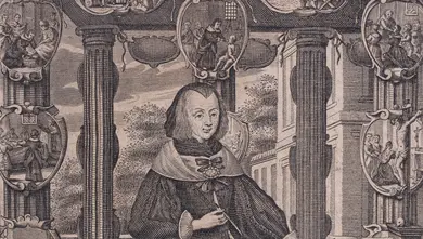 Františka Slavatová z Meggau, zakladatelka jezuitského probačního domu v Telči. Portrétní rytina z životopisné knihy Vynikající vdovské zrcadlo