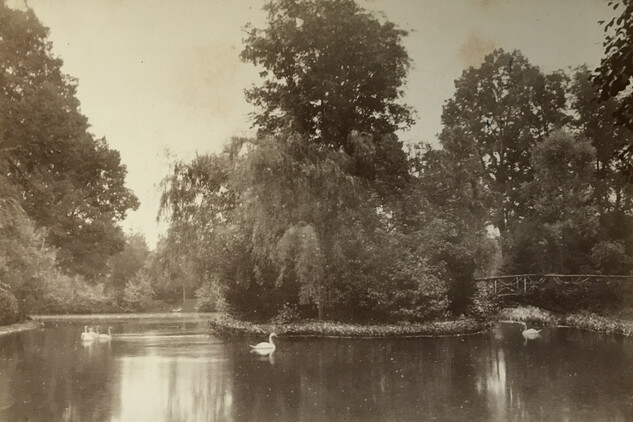 Partie zámeckého parku s rybníčkem na dobové fotografii z počátku 20. století
