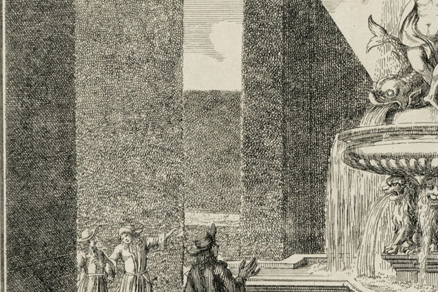 Lví fontána v Květné zahradě, Kroměříž, Justus van den Nypoort, 1691, rytina, Arcibiskupství olomoucké – Arcidiecézní muzeum Kroměříž