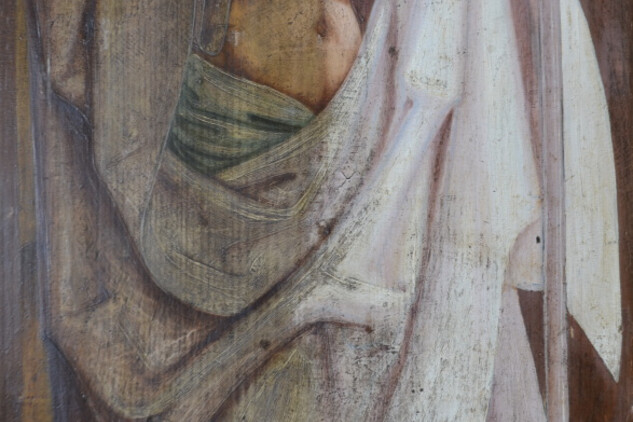 Detail malby Žehnající Kristus během procesu čištění ztmavlých znečištěných laků | © Hana Vítová