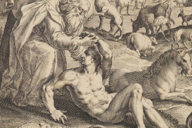 Stvoření Adama, detail grafiky shodně stranově převrácené