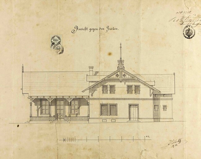 Jindřichův Hradec, výletní restaurace Rudolfov, boční fasáda, stavební výkres Josefa Zítka, 1862 | © SOA v Třeboni, odd. Jindřichův Hradec, Vs Jindřichův Hradec, inv. č. 5337