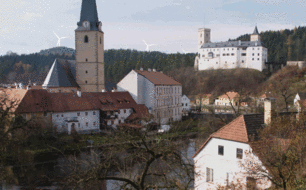 Rožmberk nad Vltavou, záměr výstavby větrných elektráren - animace (vytvořena Národním památkovým ústavem na základě dostupných materiálů)