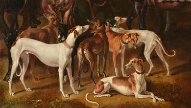 Johann Georg de Hamilton, Konec štvanice na zajíce, Čechy, 1708, olejomalba na plátně, detail lovecké smečky