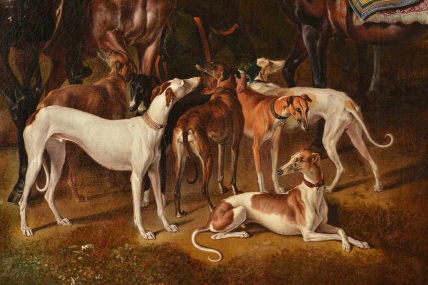 Johann Georg de Hamilton, Konec štvanice na zajíce, Čechy, 1708, olejomalba na plátně, detail lovecké smečky