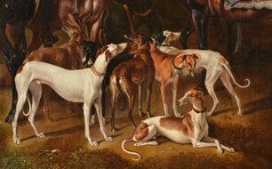 Johann Georg de Hamilton, Konec štvanice na zajíce, Čechy, 1708, olejomalba na plátně, detail lovecké smečky