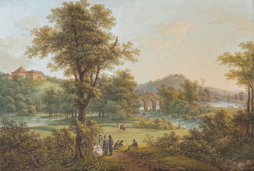 ruiny akvaduktu v zahradě zámku Koloděje na vyobrazení z první poloviny 19. století | © zdroj: KŘESADLOVÁ, Lenka – LETÁ, Michaela, Stavby inspirované antickou a staroegyptskou kulturou v památkách zahradního umění v ČR, Kroměříž: NPÚ, ÚOP v Kroměříži, 2025, s. 224