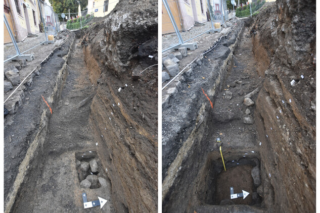 Snímky z průběhu začišťování středověkých souvrství ve střední části výkopu