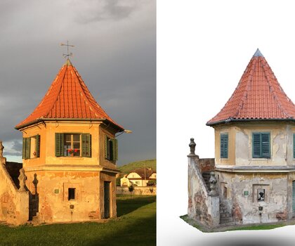 Červené Poříčí, areál zámku, gloriet. Fotografie a virtuální model (vpravo). 