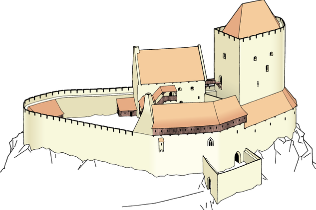 Předpokládaná podoba hradu Věžka dává představu o významu lokality ve středověku (kresba M. Pišl, 2022)
