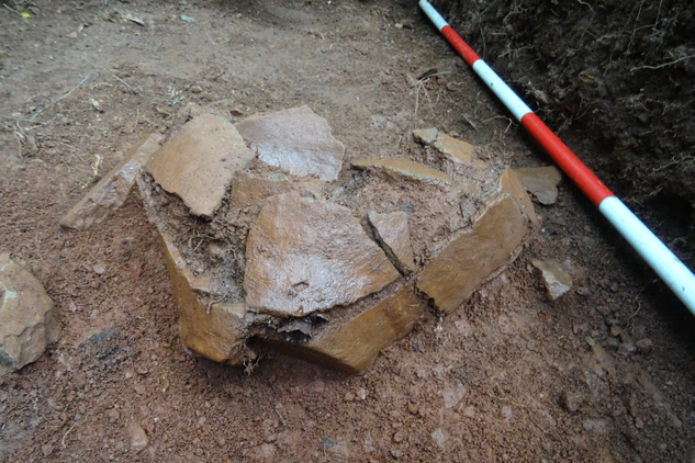 Fragmenty pravěké hliněné nádoby nalezené u severního opevnění ostrožny Homolka přispěly již konkrétněji k poznání historie zkoumané lokality (foto F. Kasl, 2021)