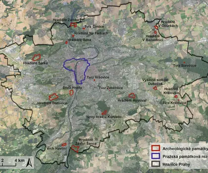 Přehledová mapa kulturních památek archeologické povahy na území Prahy (zdroj: ČÚZK, IPR, graficky zpracoval M. Kapic, 2025).