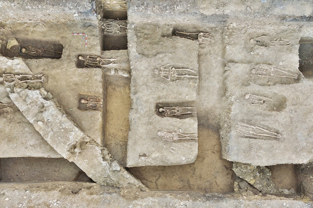 V nejsevernější části zkoumané plochy byly odkryty individuální vojenské hroby v rakvích východo-západní orientace o celkovém počtu 24 jedinců. Ve dvou případech narušují středověkou ohradní zeď kláštera (foto Egon Ditmar, 16. 5. 2025).