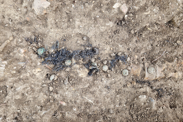 Hrob H21, knoflíky a zbytky tkaniny z uniformy v původní poloze (foto Egon Ditmar, 14. 5. 2025).